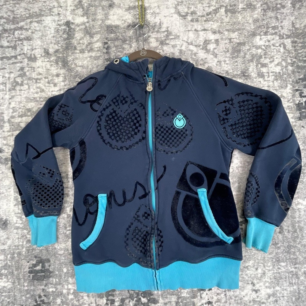 Vtg Nomis Design Hoodie Women L Blue Y2K Velvet Graphic Abstract Athleisure